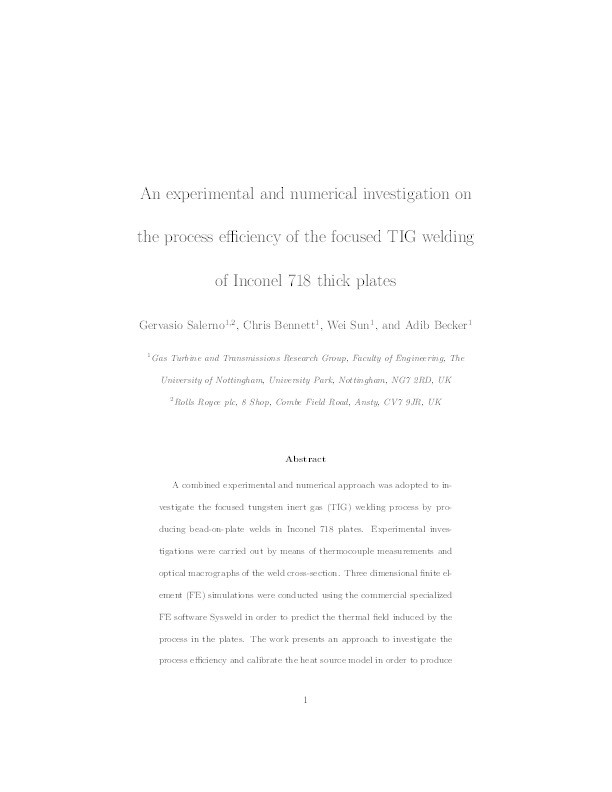 An experimental and numerical investigation on the process efficiency of the focused TIG welding of Inconel 718 thick plates Thumbnail