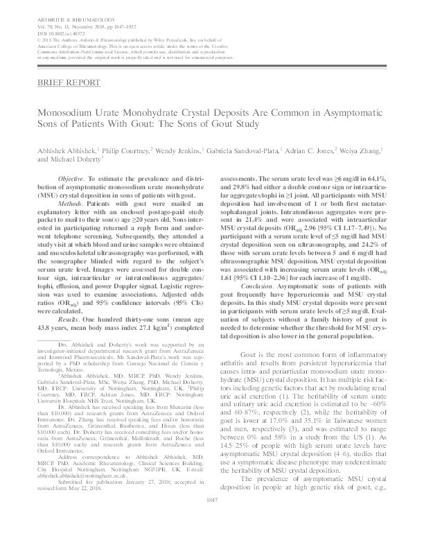 Monosodium urate crystal deposits are common in asymptomatic sons of people with gout: The Sons of gout study Thumbnail