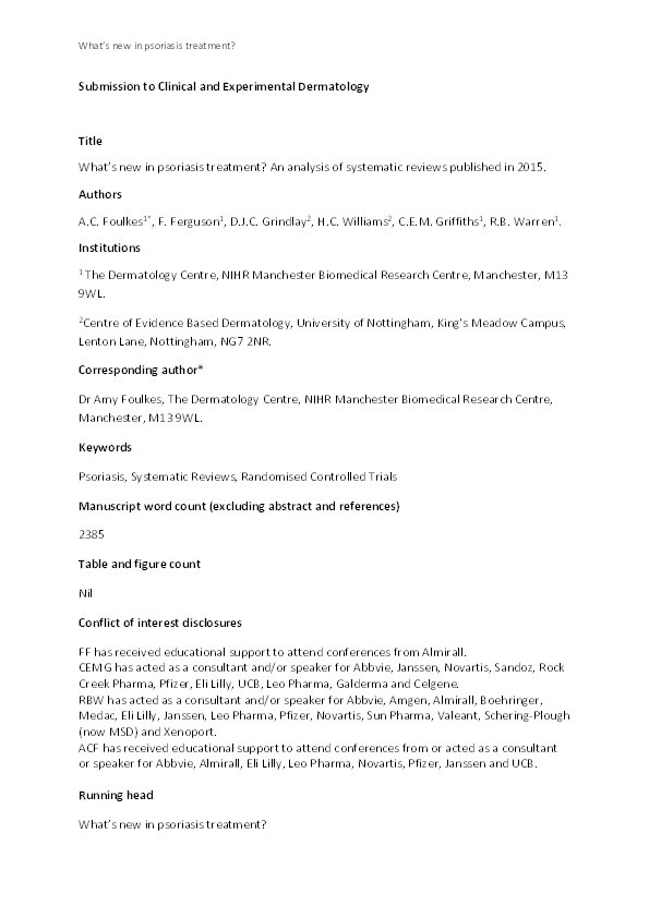 What’s new in psoriasis treatment? An analysis of systematic reviews published in 2015 Thumbnail