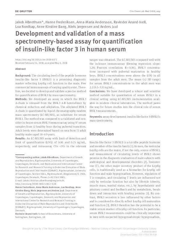 Development and validation of a mass spectrometry-based assay for quantification of insulin-like factor 3 in human serum Thumbnail