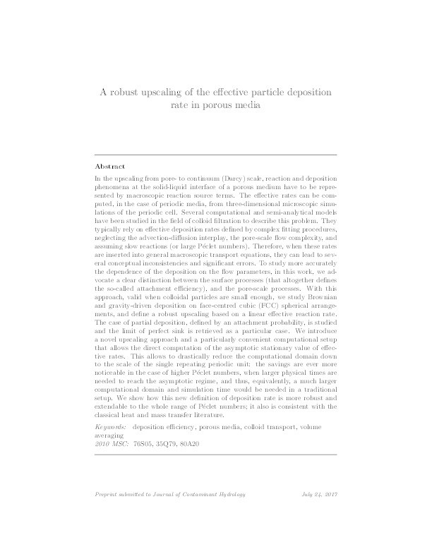 A robust upscaling of the effective particle deposition rate in porous media Thumbnail