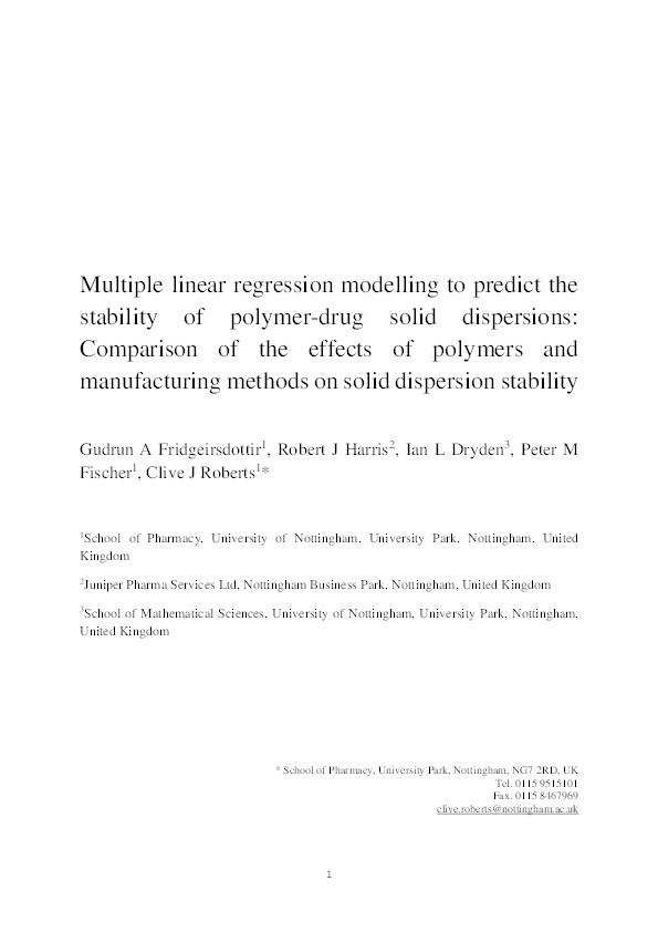 Multiple linear regression modelling to predict the stability of polymer-drug solid dispersions: comparison of the effects of polymers and manufacturing methods on solid dispersion stability Thumbnail