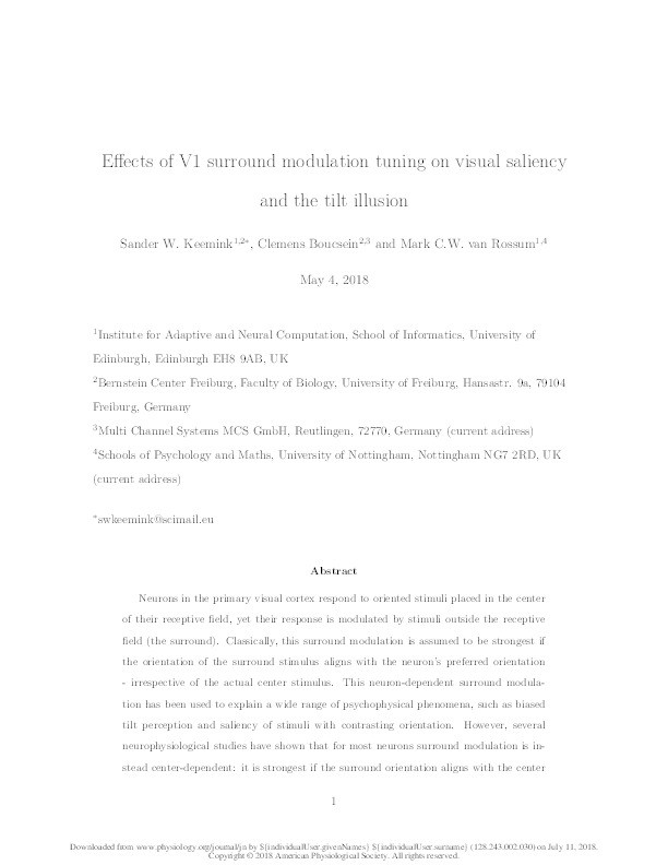 Effects of V1 surround modulation tuning on visual saliency and the tilt illusion Thumbnail