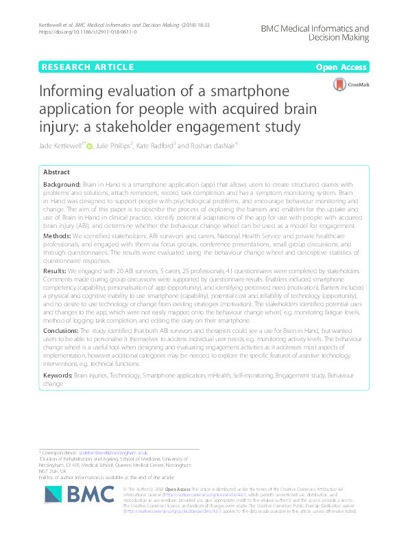 Informing evaluation of a smartphone application for people with acquired brain injury: a stakeholder engagement study Thumbnail