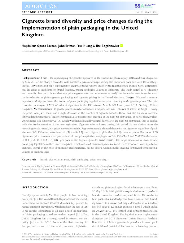 Cigarette brand diversity and price changes during the implementation of plain packaging in the United Kingdom Thumbnail