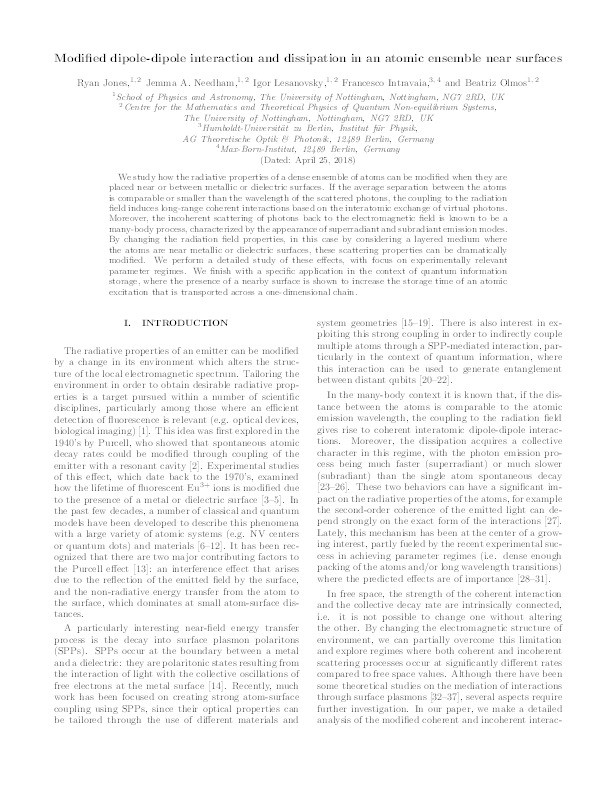 Modified dipole-dipole interaction and dissipation in an atomic ensemble near surfaces Thumbnail