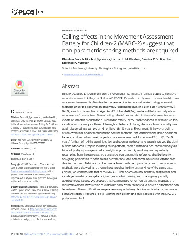 Ceiling effects in the Movement Assessment Battery for Children-2 (MABC-2) suggest that non-parametric scoring methods are required Thumbnail