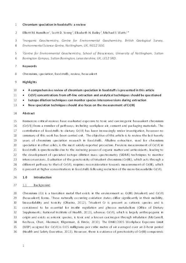 Chromium speciation in foodstuffs: a review Thumbnail