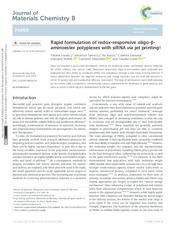 Rapid formulation of redox-responsive oligo-?-aminoester polyplexes with siRNA via jet printing Thumbnail