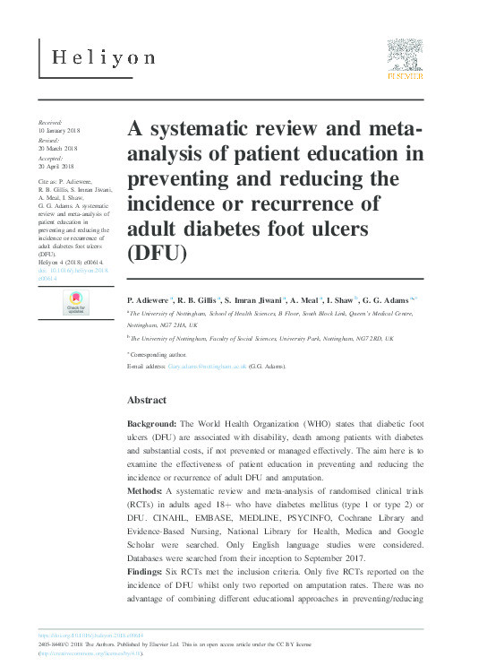 A systematic review and meta-analysis of patient education in preventing and reducing the incidence or recurrence of adult diabetes foot ulcers (DFU) Thumbnail