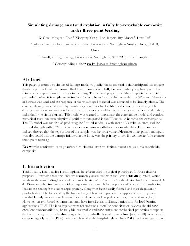 Simulating damage onset and evolution in fully bio-resorbable composite under three-point bending Thumbnail