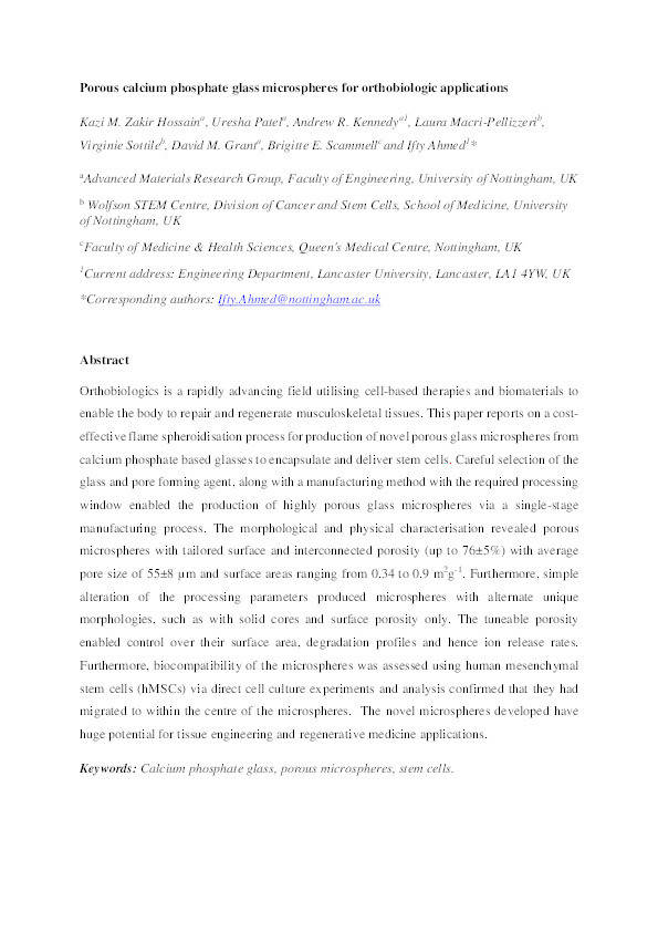 Porous calcium phosphate glass microspheres for orthobiologic applications Thumbnail