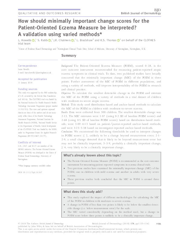 How should minimally important change (MIC) scores for the Patient Oriented Eczema Measure (POEM) be interpreted?: a validation using varied methods Thumbnail