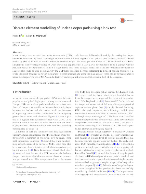 Discreet element modeling of under sleeper pads using a box test Thumbnail