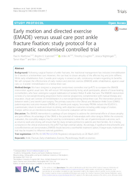 Early motion and directed exercise (EMADE) versus usual care post ankle fracture fixation: study protocol for a pragmatic randomised controlled trial Thumbnail