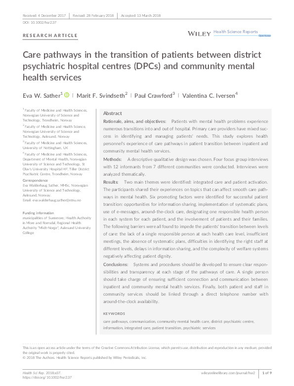 Care pathways in the transition of patients between district psychiatric hospital centres (DPCs) and community mental health services Thumbnail