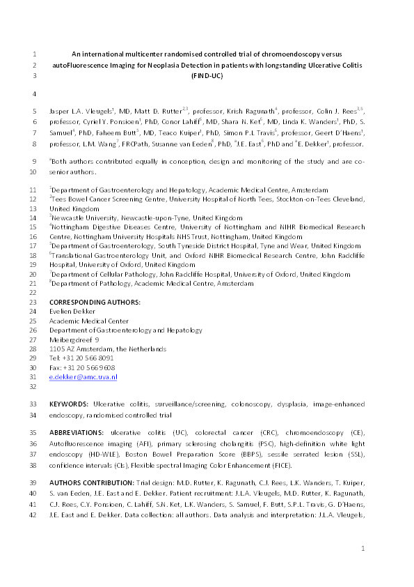 Chromoendoscopy versus autofluorescence imaging for neoplasia detection in patients with longstanding ulcerative colitis (FIND-UC): an international, multicentre, randomised controlled trial Thumbnail