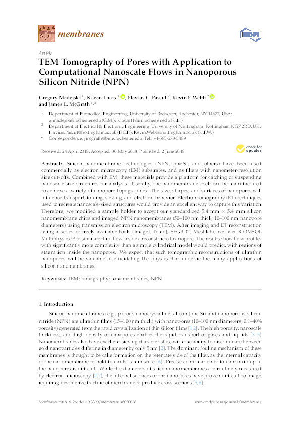 TEM tomography of pores with application to computational nanoscale flows in nanoporous silicon nitride (NPN) Thumbnail