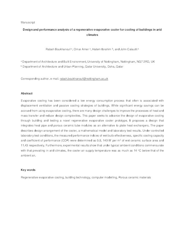 Design and performance analysis of a regenerative evaporative cooler for cooling of buildings in arid climates Thumbnail