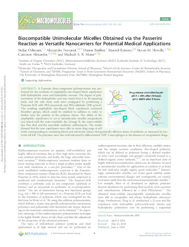 Biocompatible unimolecular micelles obtained via the Passerini reaction as versatile nanocarriers for potential medical applications Thumbnail