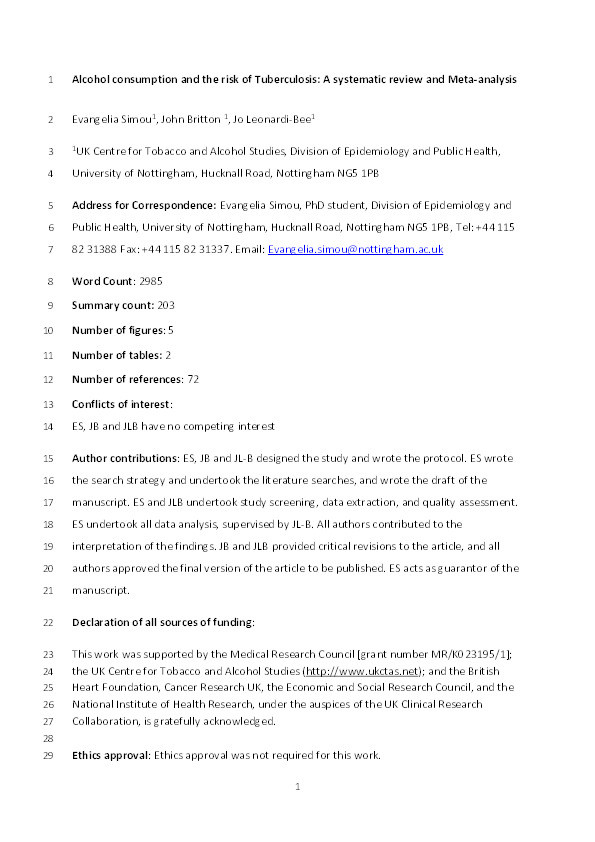 Alcohol consumption  and the risk of tuberculosis: a systematic review and  meta-analysis Thumbnail