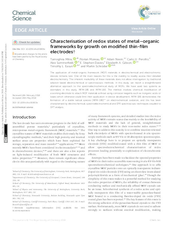 Characterisation of redox states of metal-organic frameworks by growth on modified thin-film electrodes Thumbnail