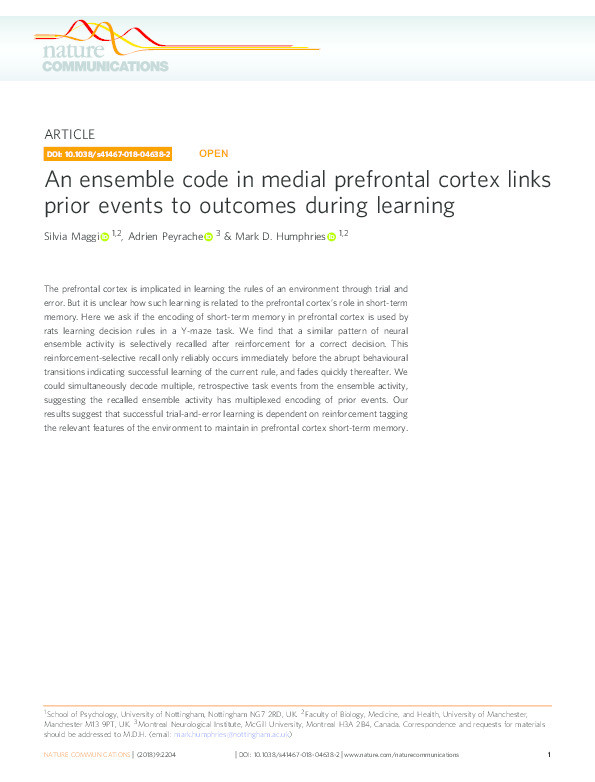 An ensemble code in medial prefrontal cortex links prior events to outcomes during learning Thumbnail