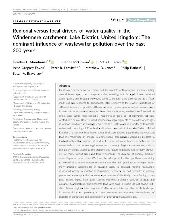 Regional versus local drivers of water quality in the Windermere catchment, Lake District, United Kingdom: The dominant influence of wastewater pollution over the past 200 years Thumbnail