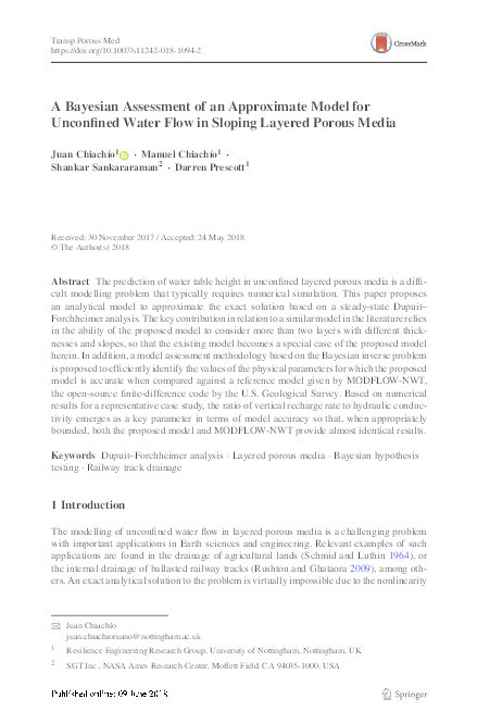 A Bayesian Assessment of an Approximate Model for Unconfined Water Flow in Sloping Layered Porous Media Thumbnail