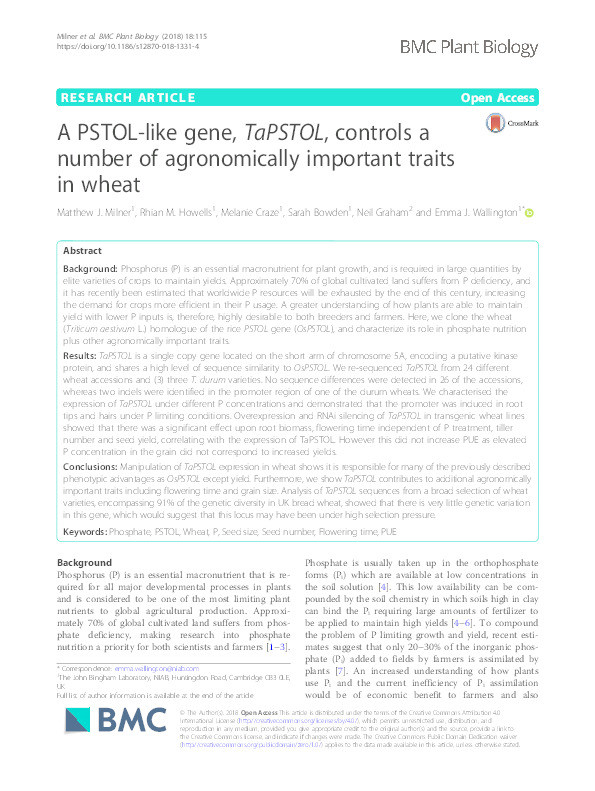 A PSTOL-like gene, TaPSTOL, controls a number of agronomically important traits in wheat Thumbnail