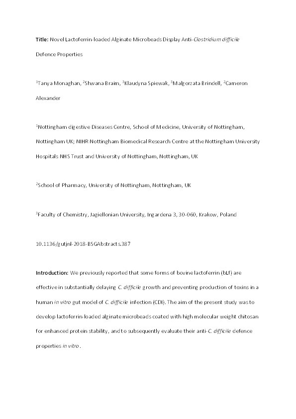 Novel lactoferrin-loaded alginate microbeads display anti-Clostridium difficile defence properties Thumbnail