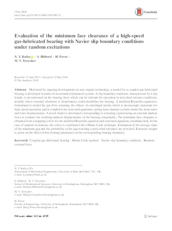 Evaluation of the minimum face clearance of a high speed gas lubricated bearing with Navier slip boundary conditions under random excitations Thumbnail