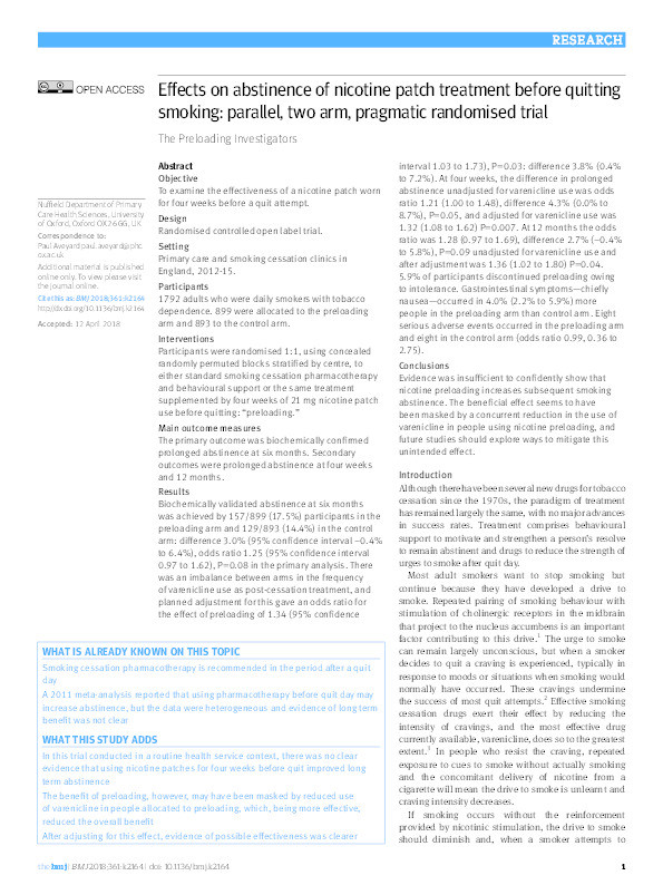 Effects on abstinence of nicotine patch treatment prior to quitting smoking: a parallel, two-arm, pragmatic randomised trial Thumbnail