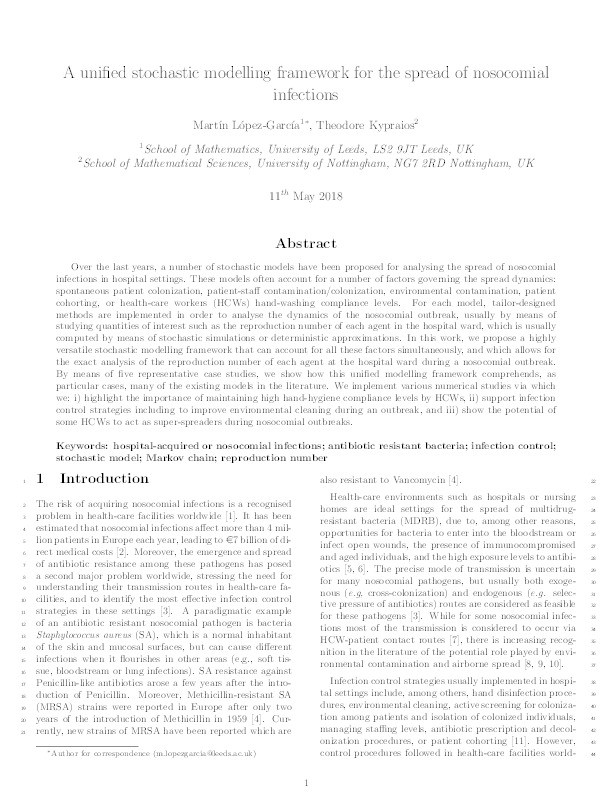 A unified stochastic modelling framework for the spread of nosocomial infections Thumbnail