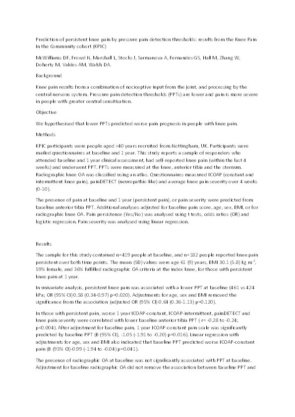 Prediction of persistent knee pain by pressure pain detection thresholds: results from the Knee Pain In the Community cohort (KPIC) Thumbnail