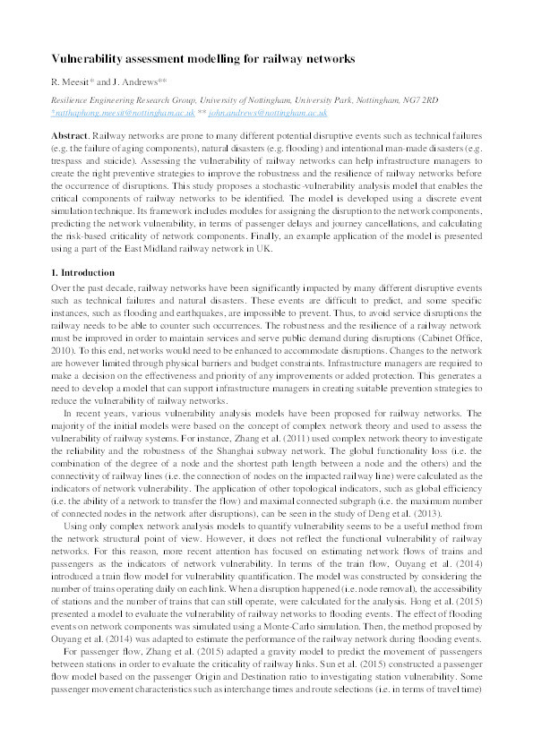 Vulnerability assessment modelling for railway networks Thumbnail