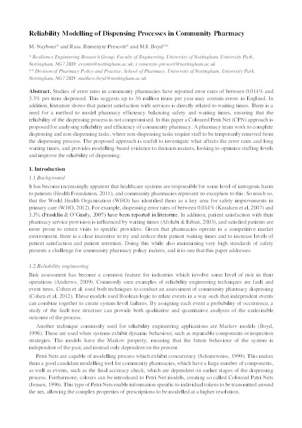 Reliability modelling of dispensing processes in community pharmacy Thumbnail