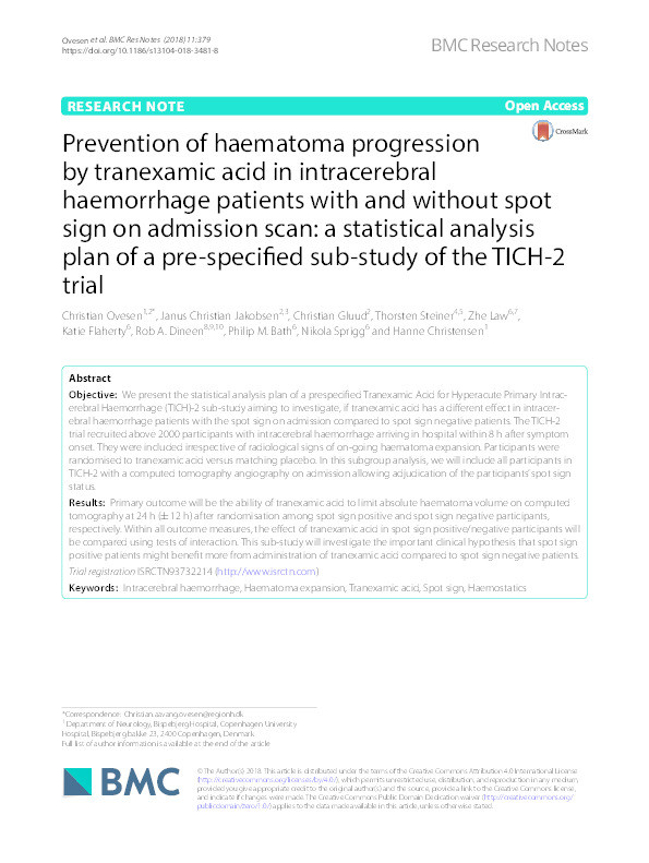 Prevention of haematoma progression by tranexamic acid in intracerebral haemorrhage patients with and without spot sign on admission scan: a statistical analysis plan of a pre-specified sub-study of the TICH-2 trial Thumbnail