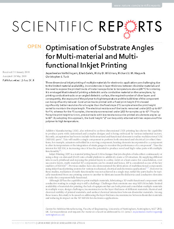 Optimisation of substrate angles for multi-material and multi-functional inkjet printing Thumbnail