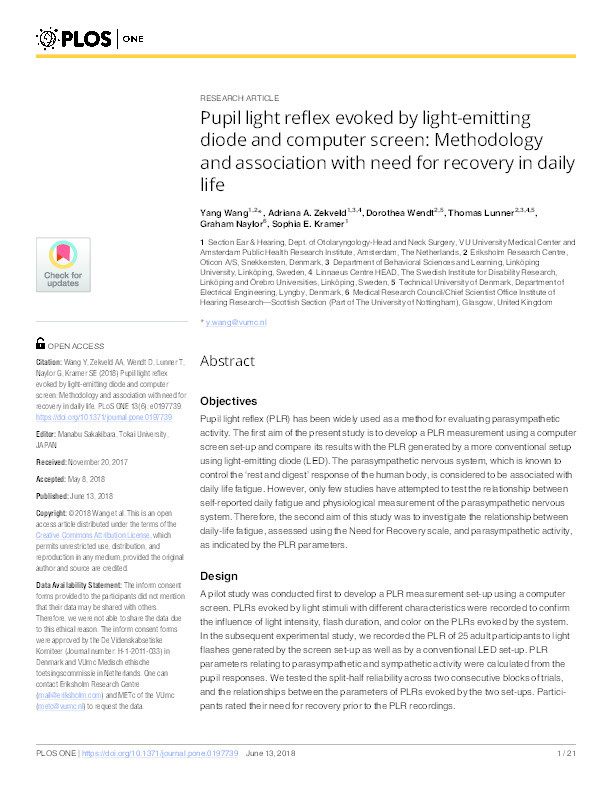 Pupil light reflex evoked by light-emitting diode and computer screen: methodology and association with need for recovery in daily life Thumbnail