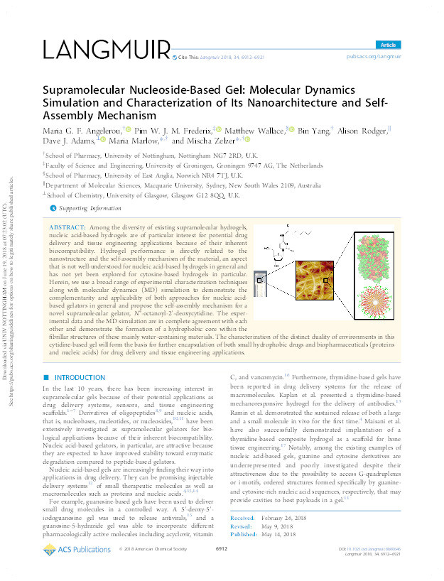 Supramolecular nucleoside-based gel: molecular dynamics simulation and characterization of its nanoarchitecture and self-assembly mechanism Thumbnail