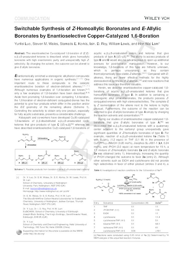 Switchable Synthesis of Z-Homoallylic Boronates and E-Allylic Boronates by Enantioselective Copper-Catalyzed 1,6-Boration Thumbnail