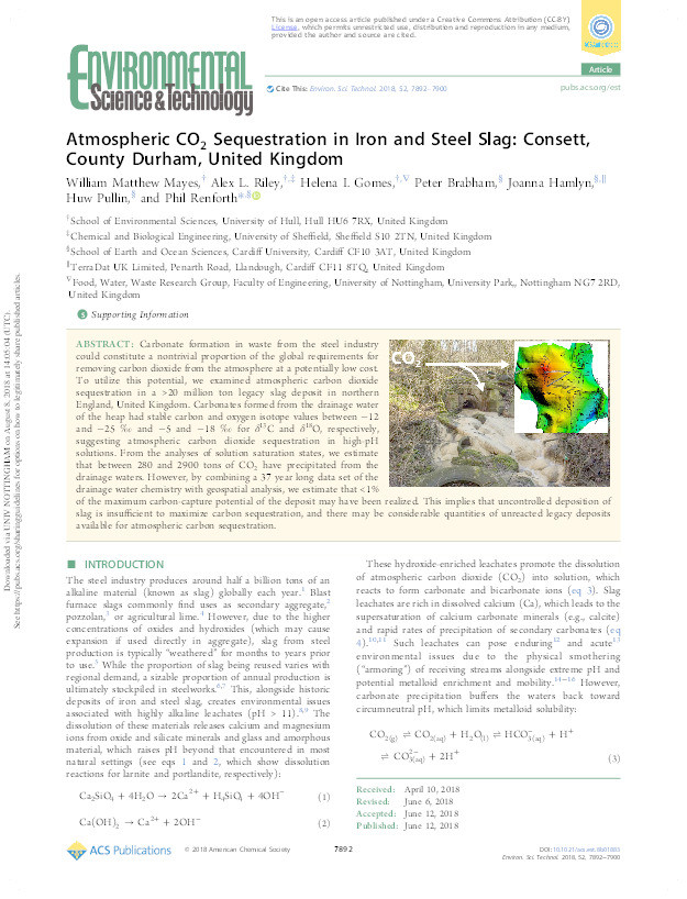 Atmospheric CO2 sequestration in iron and steel slag: Consett, County Durham, UK Thumbnail