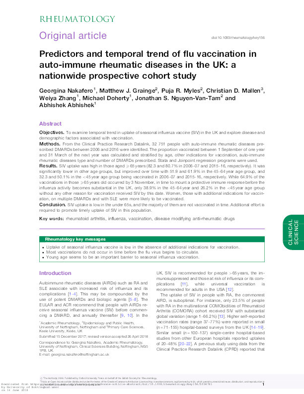 Predictors and temporal trend of flu vaccination in auto-immune rheumatic diseases in the UK: a nationwide prospective cohort study Thumbnail