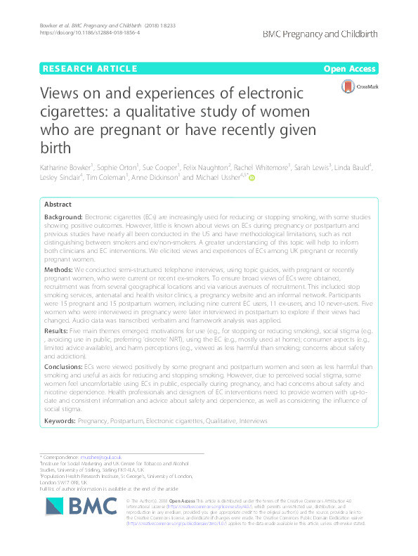 Views on and experiences of electronic cigarettes: a qualitative study of women who are pregnant or have recently given birth. Thumbnail