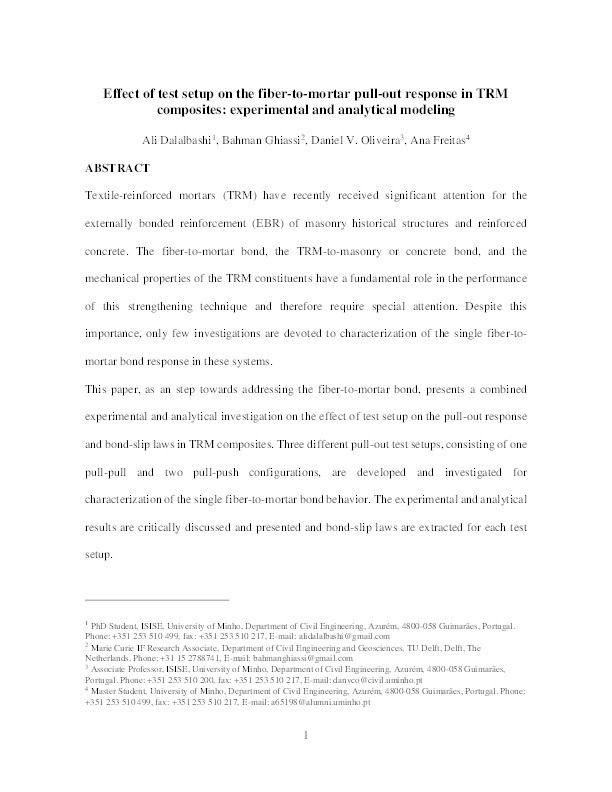 Effect of test setup on the fiber-to-mortar pull-out response in TRM composites: Experimental and analytical modeling Thumbnail
