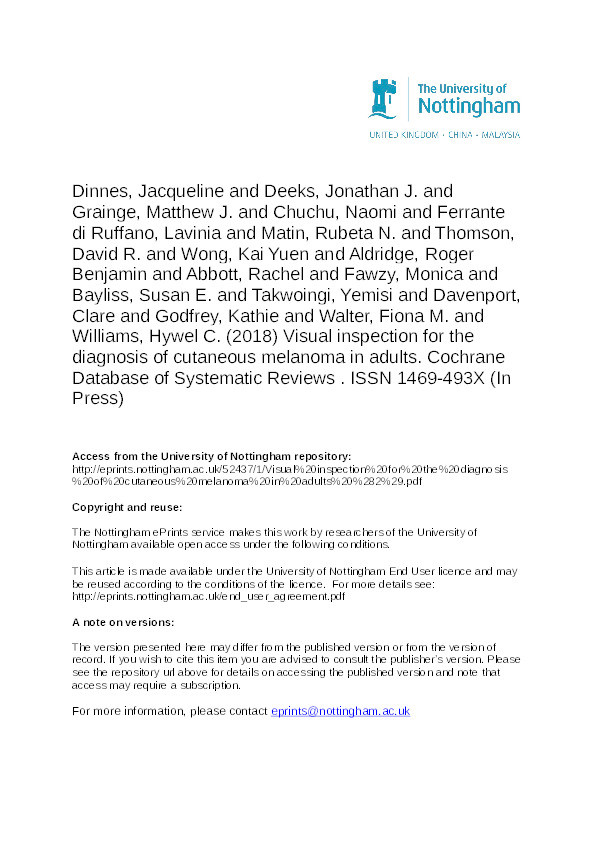 Visual inspection for the diagnosis of cutaneous melanoma in adults Thumbnail