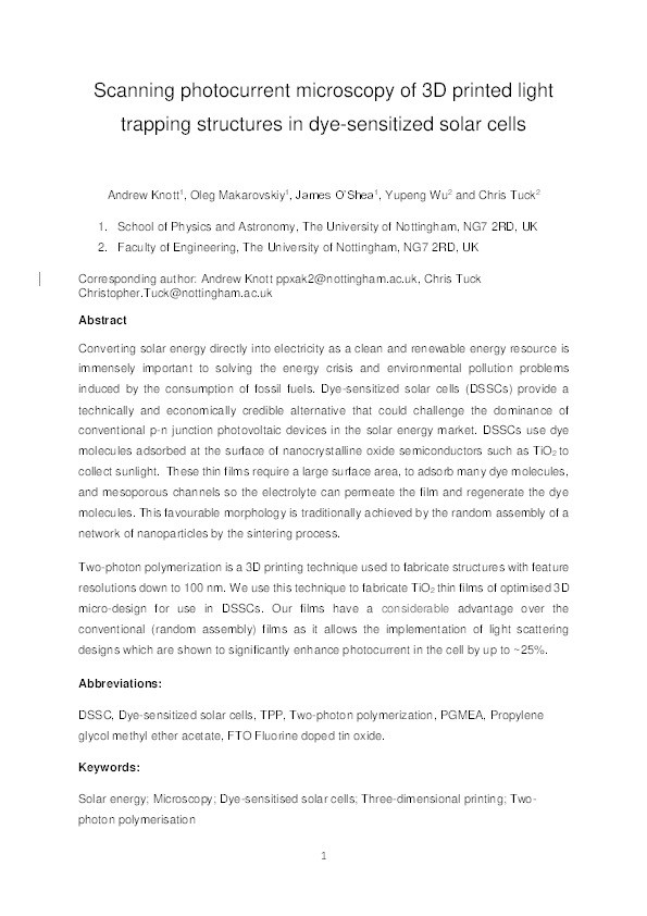 Scanning photocurrent microscopy of 3D printed light trapping structures in dye-sensitized solar cells Thumbnail