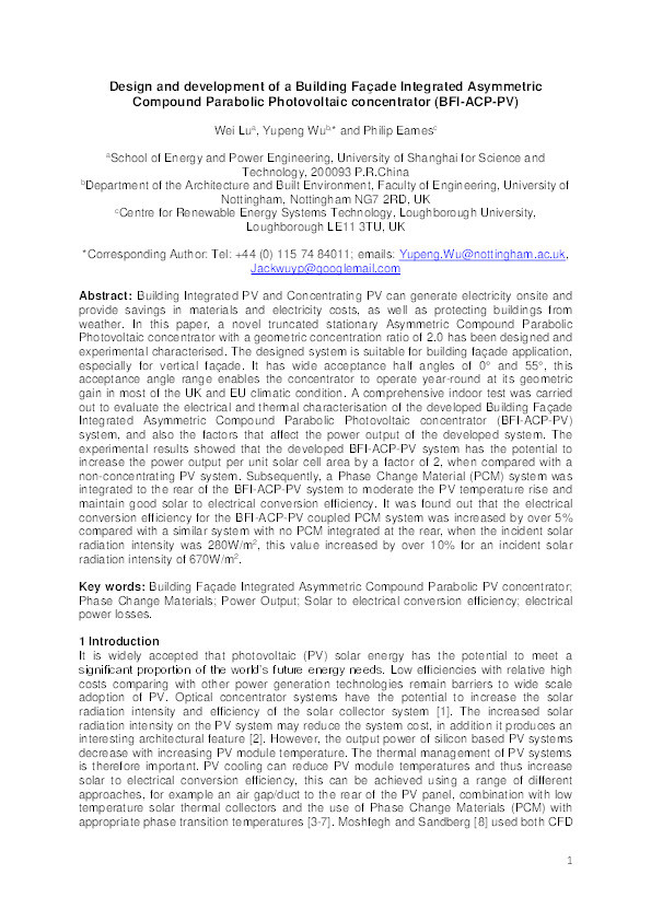 Design and development of a building façade integrated asymmetric compound parabolic photovoltaic concentrator (BFI-ACP-PV) Thumbnail