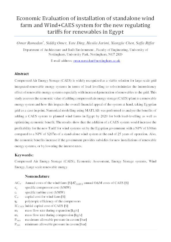 Economic evaluation of installation of standalone wind farm and Wind+CAES system for the new regulating tariffs for renewables in Egypt Thumbnail